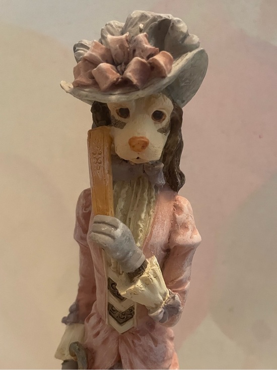 Other - Victorian Anthropomorphic Dog Lady Figurine Pink Dress Parasol Fan 12.75 Inch